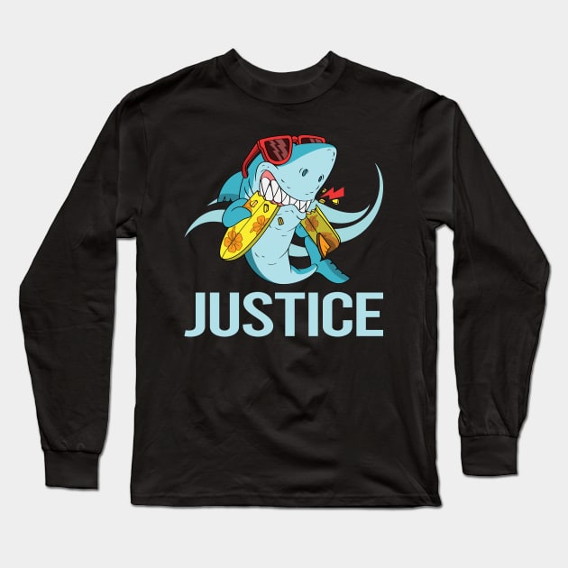 Funny Shark - Justice Name Long Sleeve T-Shirt by Atlas Skate